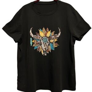 Black Western Graphic Tee with Bull Skull & Flower Design XL